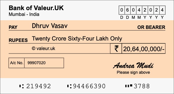 How to write a cheque for 20.64 crore rupees