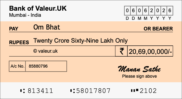 How to write a cheque for 20.69 crore rupees