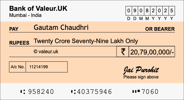 How to write a cheque for 20.79 crore rupees