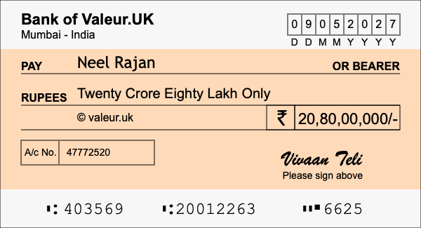 How to write a cheque for 20.8 crore rupees