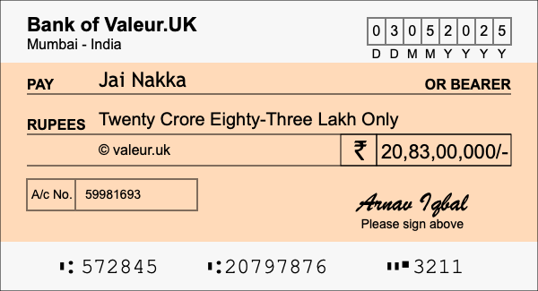 How to write a cheque for 20.83 crore rupees