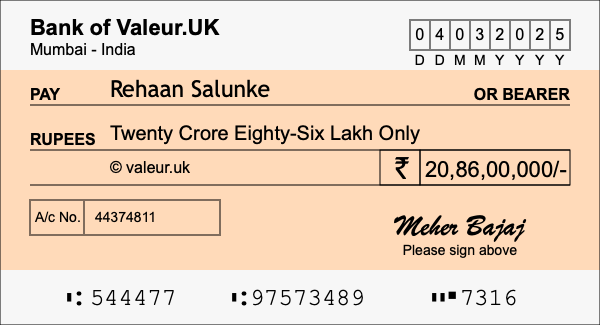 How to write a cheque for 20.86 crore rupees