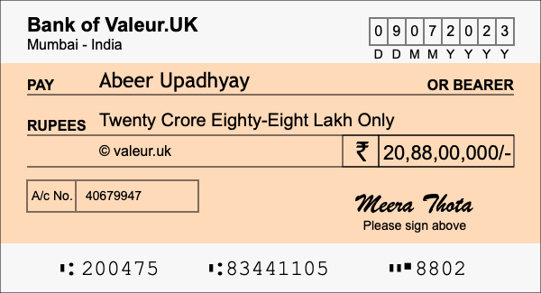 How to write a cheque for 20.88 crore rupees