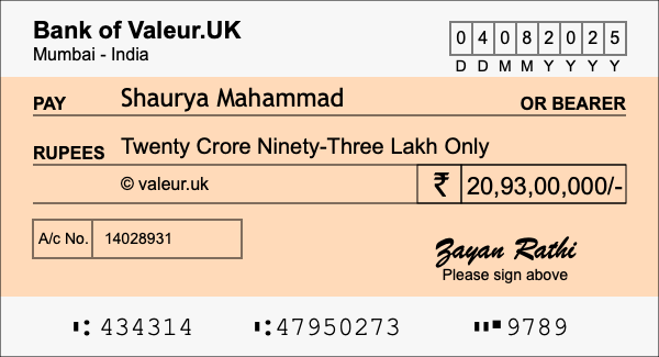 How to write a cheque for 20.93 crore rupees