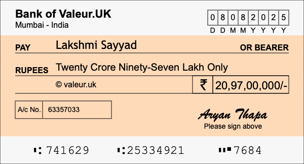 How to write a cheque for 20.97 crore rupees