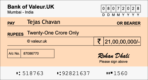 How to write a cheque for 21 crore rupees