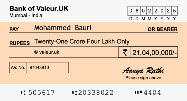 How to write a cheque for 21.04 crore rupees