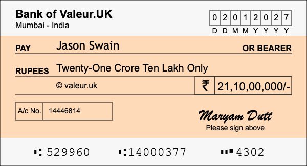 How to write a cheque for 21.1 crore rupees