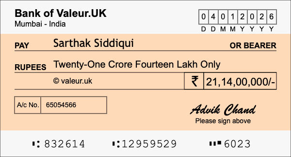 How to write a cheque for 21.14 crore rupees