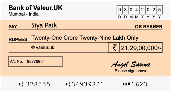 How to write a cheque for 21.29 crore rupees