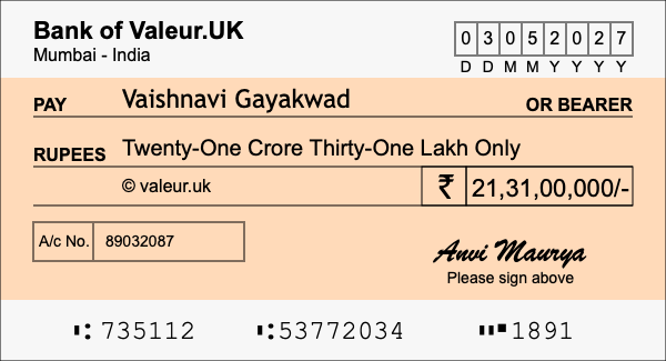 How to write a cheque for 21.31 crore rupees