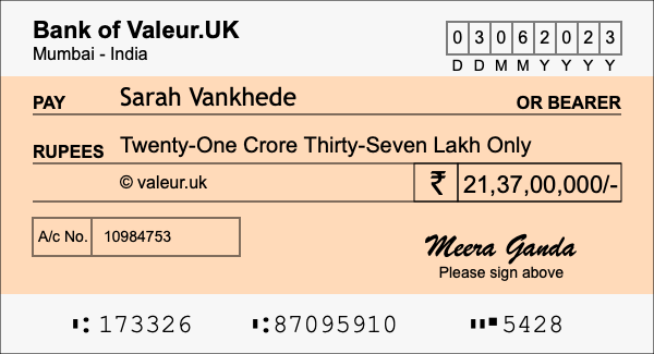 How to write a cheque for 21.37 crore rupees
