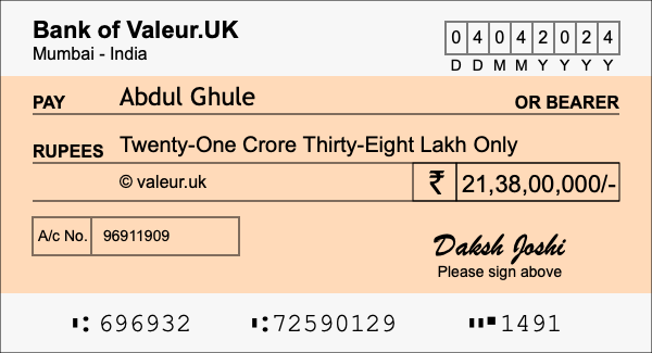 How to write a cheque for 21.38 crore rupees