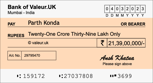 How to write a cheque for 21.39 crore rupees
