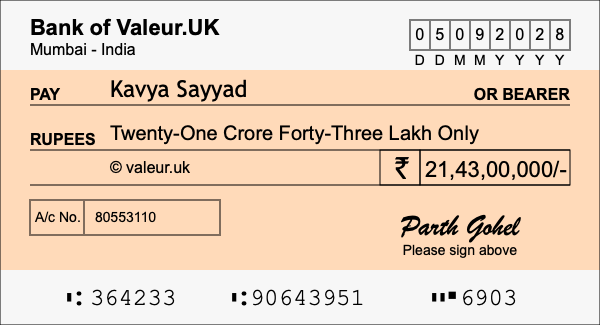 How to write a cheque for 21.43 crore rupees