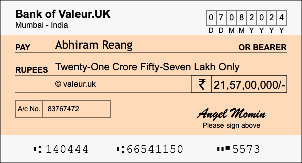 How to write a cheque for 21.57 crore rupees