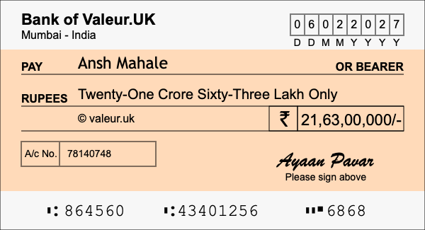 How to write a cheque for 21.63 crore rupees