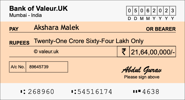 How to write a cheque for 21.64 crore rupees How to write a cheque for 21.64 crore rupees