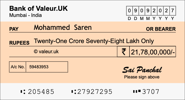 How to write a cheque for 21.78 crore rupees