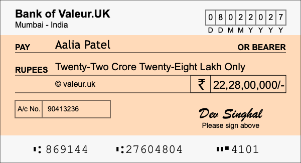 How to write a cheque for 22.28 crore rupees