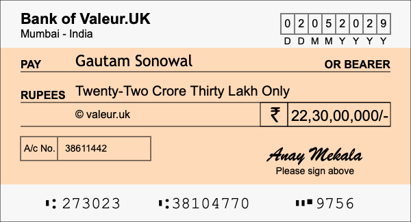 How to write a cheque for 22.3 crore rupees How to write a cheque for 22.3 crore rupees