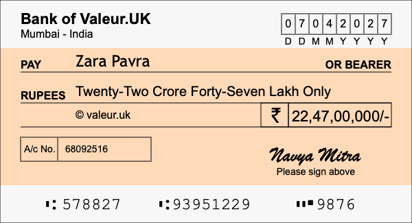 How to write a cheque for 22.47 crore rupees How to write a cheque for 22.47 crore rupees