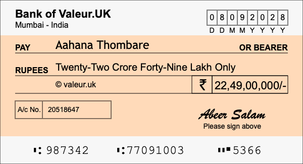 How to write a cheque for 22.49 crore rupees