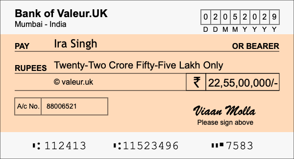 How to write a cheque for 22.55 crore rupees How to write a cheque for 22.55 crore rupees
