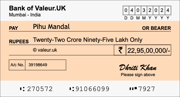 How to write a cheque for 22.95 crore rupees
