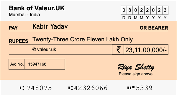 How to write a cheque for 23.11 crore rupees