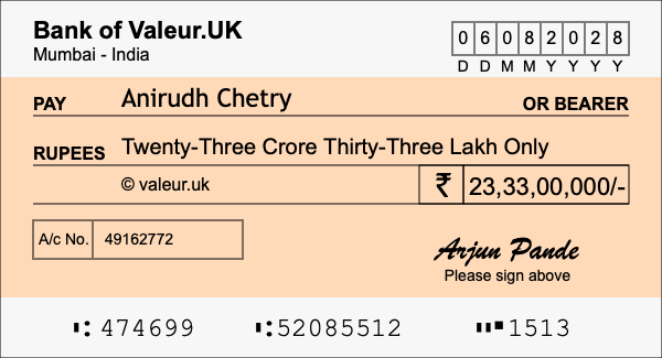 How to write a cheque for 23.33 crore rupees How to write a cheque for 23.33 crore rupees