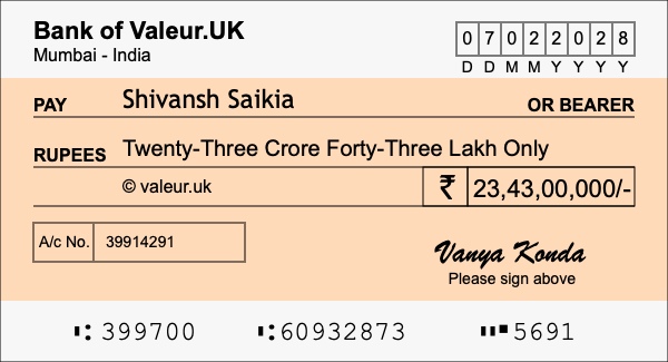 How to write a cheque for 23.43 crore rupees How to write a cheque for 23.43 crore rupees