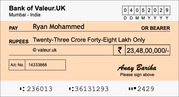 How to write a cheque for 23.48 crore rupees How to write a cheque for 23.48 crore rupees
