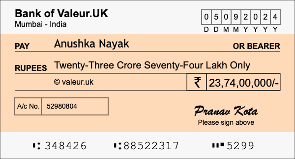 How to write a cheque for 23.74 crore rupees