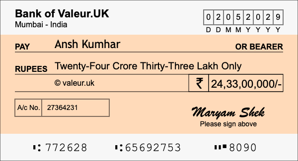 How to write a cheque for 24.33 crore rupees