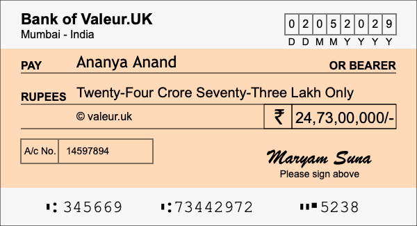 How to write a cheque for 24.73 crore rupees How to write a cheque for 24.73 crore rupees
