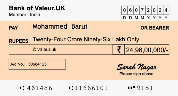 How to write a cheque for 24.96 crore rupees