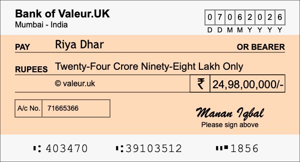 How to write a cheque for 24.98 crore rupees