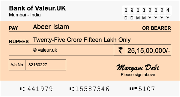 How to write a cheque for 25.15 crore rupees