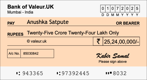 How to write a cheque for 25.24 crore rupees