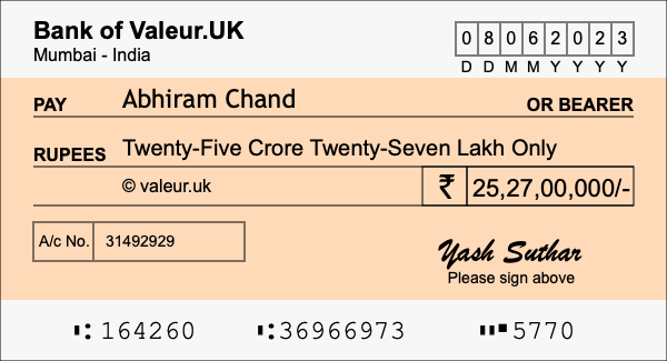 How to write a cheque for 25.27 crore rupees How to write a cheque for 25.27 crore rupees