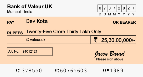 How to write a cheque for 25.3 crore rupees
