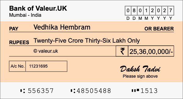 How to write a cheque for 25.36 crore rupees