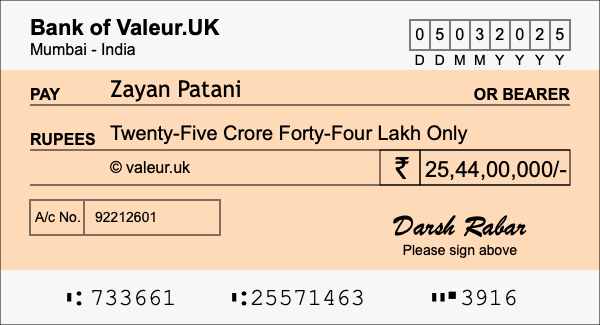 How to write a cheque for 25.44 crore rupees