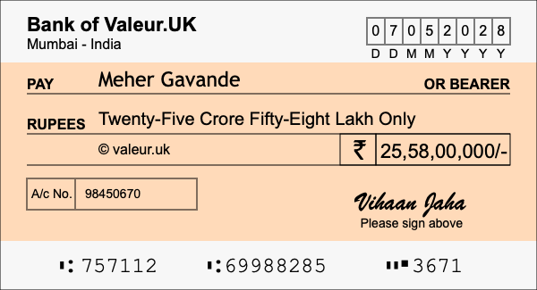 How to write a cheque for 25.58 crore rupees How to write a cheque for 25.58 crore rupees
