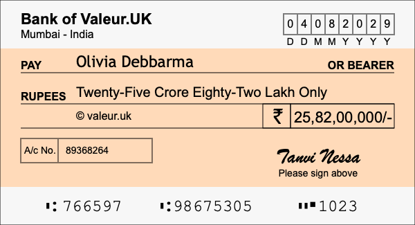 How to write a cheque for 25.82 crore rupees