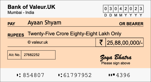 How to write a cheque for 25.88 crore rupees