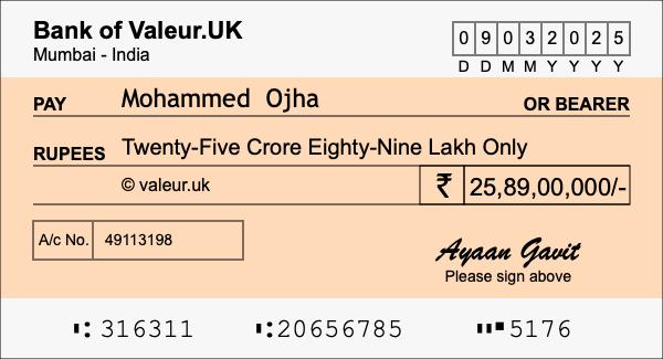 How to write a cheque for 25.89 crore rupees