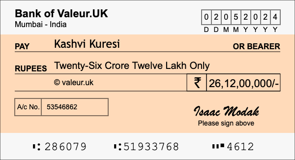 How to write a cheque for 26.12 crore rupees
