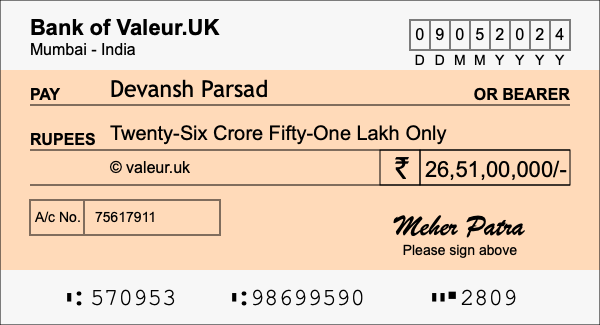 How to write a cheque for 26.51 crore rupees